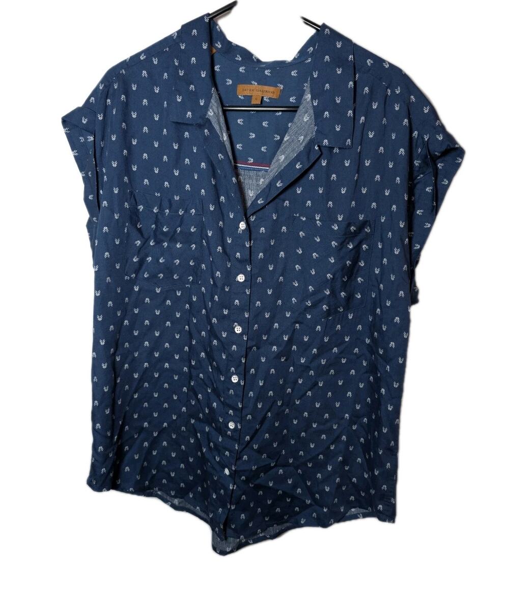 Jachs Girlfriend Shirt Womens Large Geometric Boho Short Cap Sleeve Button Front